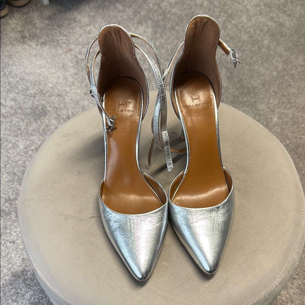 Halston Heritage Silver Stiletto Heels with Ankle Strap